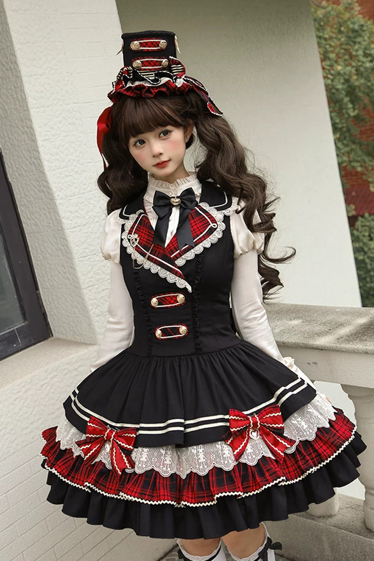 Black [Honor Guard Gala] V Collar Multi-Layered Printed Ruffled Bow Classic Gothic College Style Lolita Jsk Dress - Product - 7