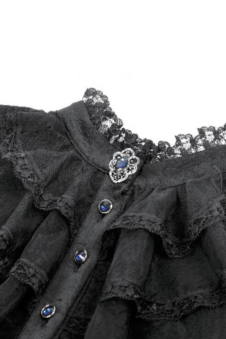 Black Stand Collar Trumpet Sleeves Multi-Layered Ruffled Lace Lace-Up Women's Gothic Wedding Dress - Product - 12