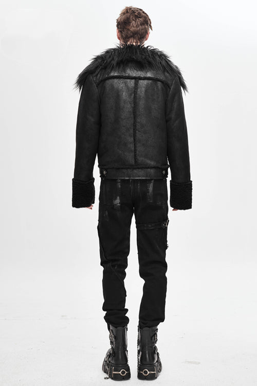 Black Wool Collar Decadent Warm Short Mens Punk Jacket - Product - 3
