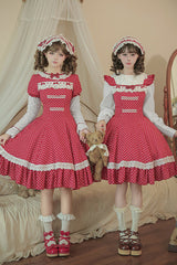 Red [Showa Memoir] Polka Dots Printed Ruffled Bow Sweet Lolita Dress - Product - 4