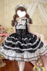 Black Multi-layer Ruffle Bowknot Lace-Up Ballet Style Sweet Princess Lolita Tiered Dress - Black - 1