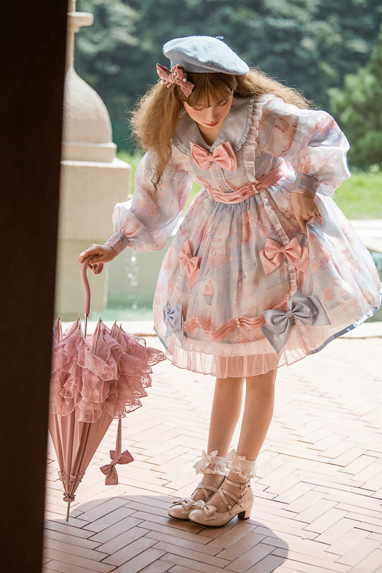 Pink/Blue Doll Collar Long Sleeves Rabbit Candy Paper Print High Waisted Sweet Lolita OP Dress - Product - 4
