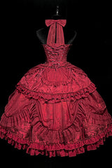 Wine Red Cross Halterneck Ruffle Bowknot Lace Lace-Up Princess Gothic Lolita Dress - Product - 10