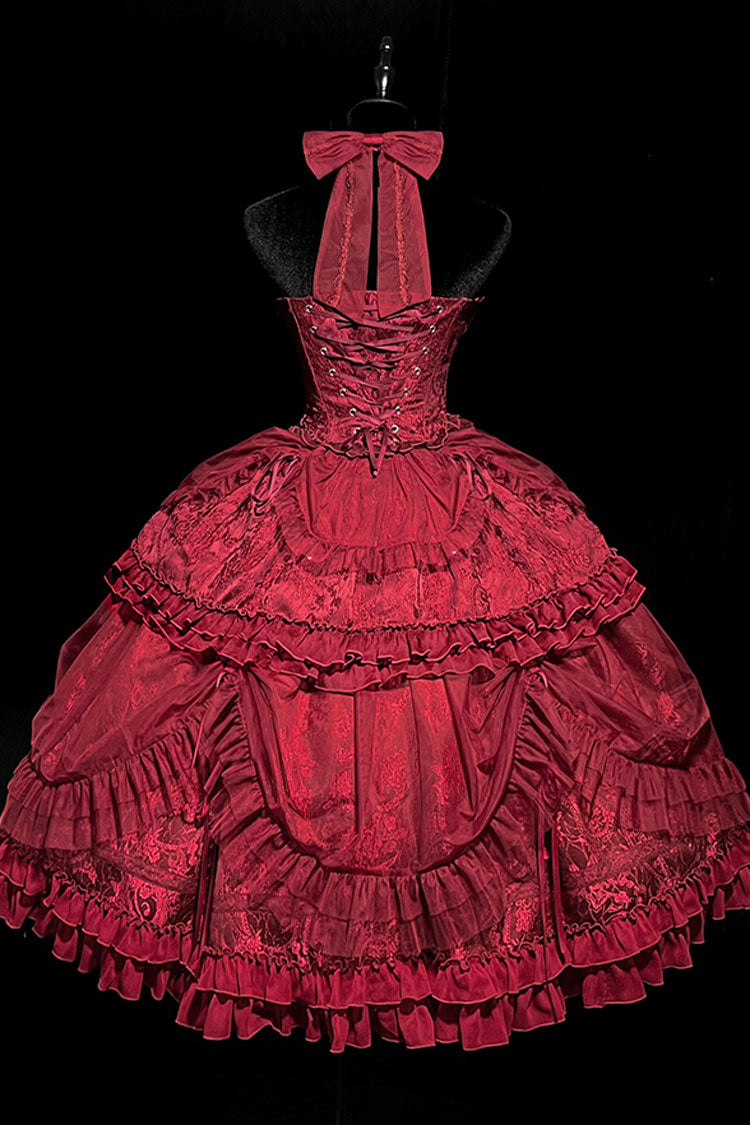 Wine Red Cross Halterneck Ruffle Bowknot Lace Lace-Up Princess Gothic Lolita Dress - Product - 10