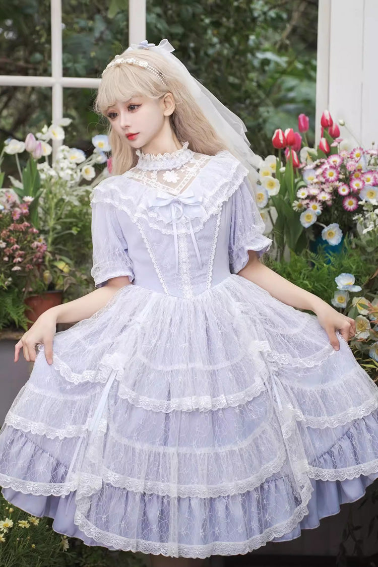 Purple Iris Love Multi-layer Jacquard Bowknot Sweet Elegant Princess Lolita OP Dress - Purple - 1