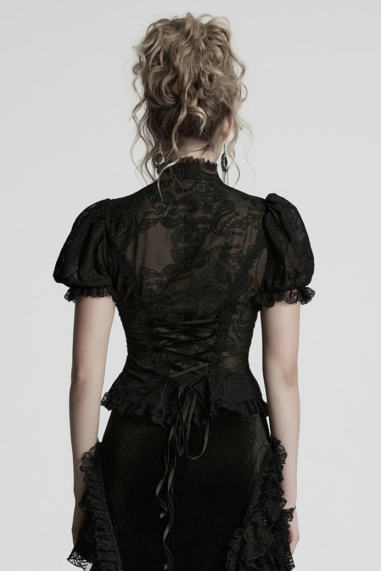 Black Stand Collar Long Puff Sleeves Jacquard Lace Women's Gothic Blouse - Product - 3