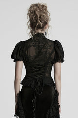 Black Stand Collar Long Puff Sleeves Jacquard Lace Women's Gothic Blouse - Product - 3