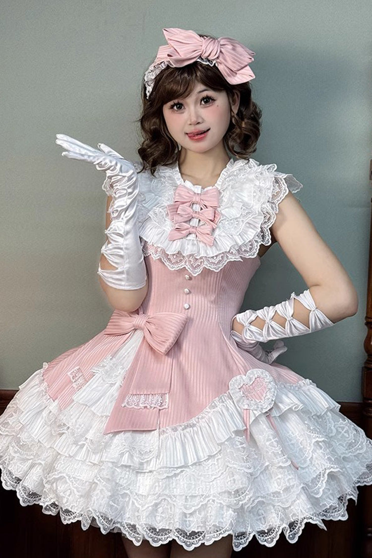 Pink [Miss Tsundere] Sleeveless Multi-Layered Ruffle Bowknot Lace Asymmetric Sweet Princess Lolita Dress - Product - 4