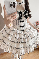 Beige Sleeveless Multi-Layered Polka Dots Printed Ruffled Bow Sweet Princess Lolita Jsk Dress - Product - 6