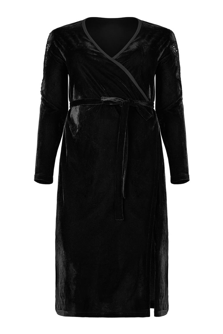 Black Velvet Sexy V-Neck Hollow Out Exquisite Applique Hem Slit Design Corded Long Women's Plus Size Gothic Dress - Product - 5