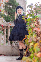 Black Solid Color Tower of Dawn Bowknot Sleeveless Ruffle Gothic Lolita Dress - Product - 3