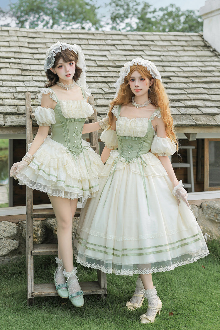 Green Square Collar Sleeveless Multi-Layered Ruffled Bow Lace Fishbone Sweet Lolita Jsk Dress 2 Versions - Product - 12