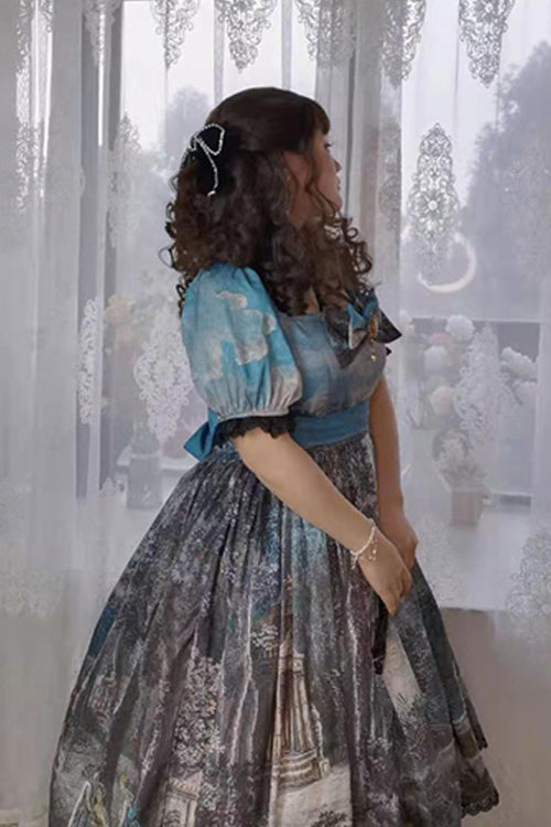 Multi-Color Square Collar Lace Short Sleeves Oil Painting Print Plus Size High Waisted Classic Lolita OP Dress - Product - 3