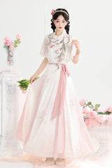 White/Pink [Tulip] Round Collar Short Sleeves High Waisted Printed Women's Sweet Hanfu Set - White/Pink - 1