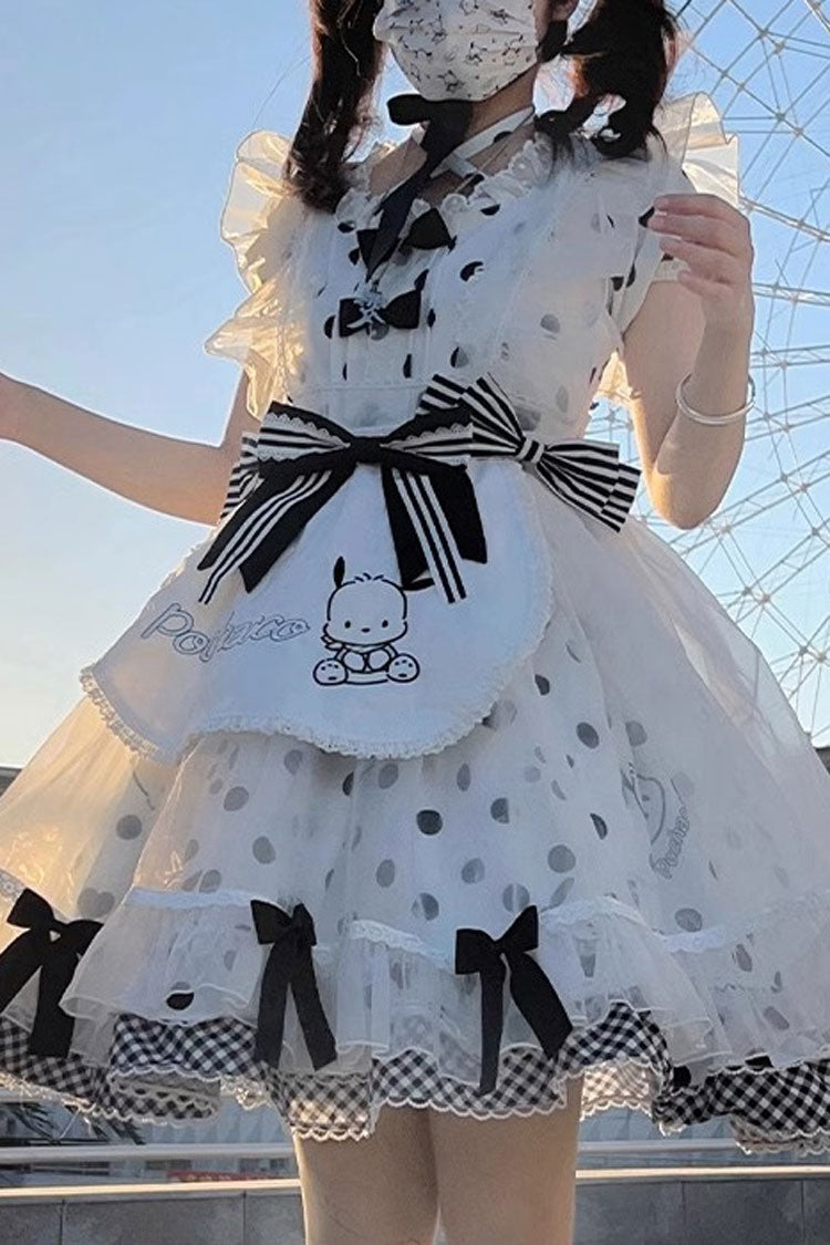White/Black Short Sleeves Pacha Dog Polka Dots Print Ruffle Bowknot Alice Sweet Lolita Dress - White/Black - 1