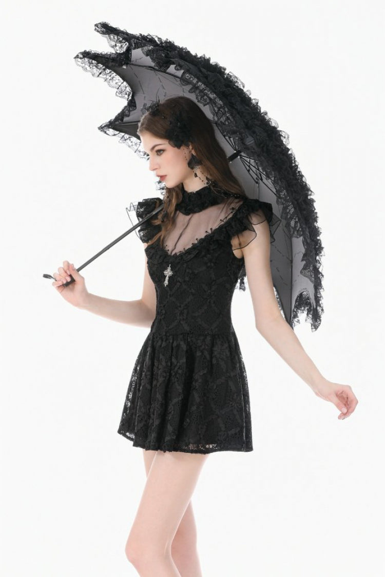 Black Ruffled Mock Neck Floral Cross Lace Splice Sheer Mesh Sleeveless Lace-Up Women's Gothic Dress - Product - 13