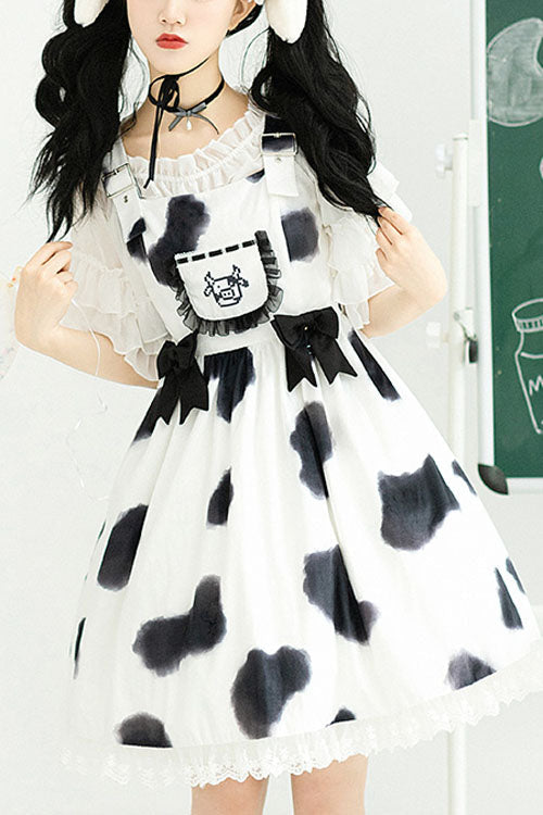 White Cow Pattern Print Bowknot Ruffled Sweet Lolita JSK Dress - White - 1