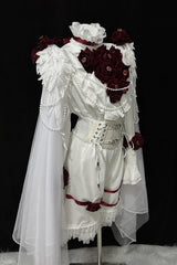 White [Ailing Stars] Stand Collar Long Sleeves Ruffled Pearl Detail Classic Ouji Lolita Set - Product - 3