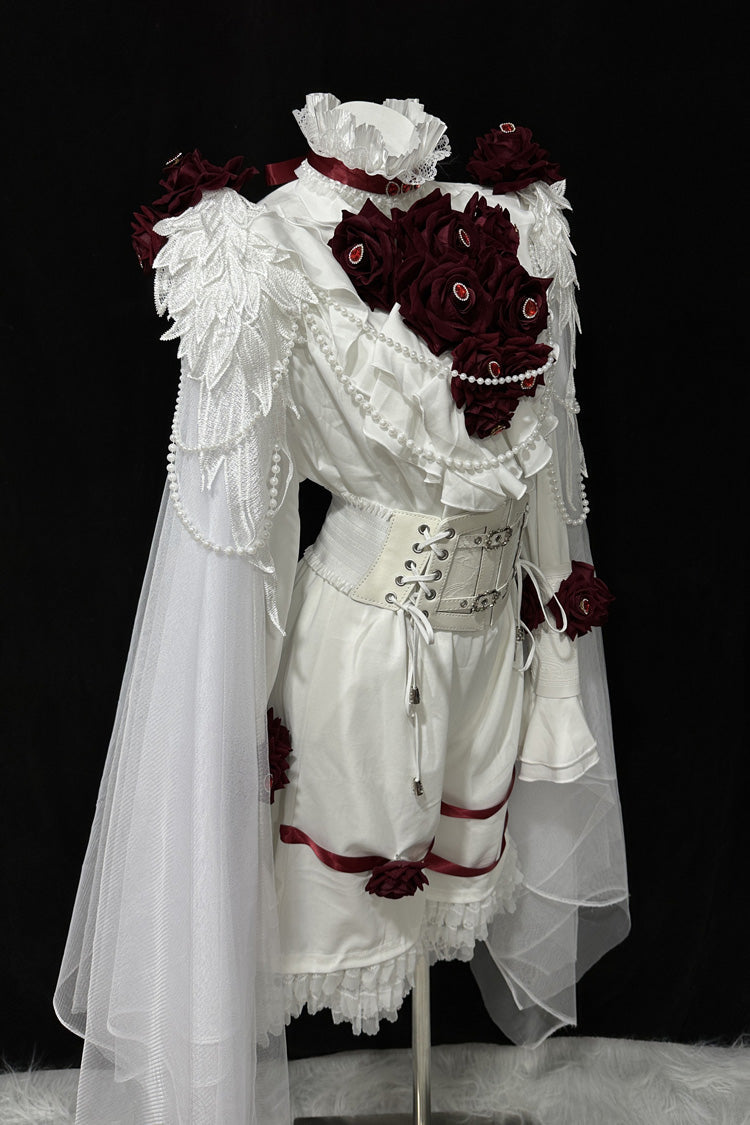 White [Ailing Stars] Stand Collar Long Sleeves Ruffled Pearl Detail Classic Ouji Lolita Set - Product - 3