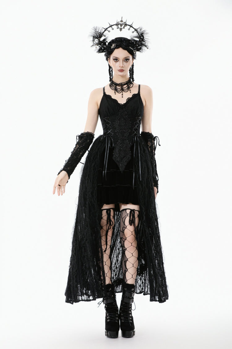Black Sleeveless Floral Embroidered Lace Lace-Up Women's Gothic Slip Dress Wedding Dress - Product - 7