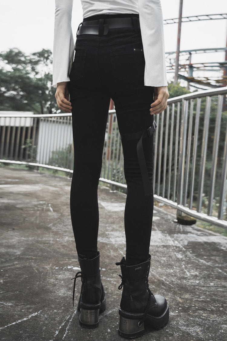 Black Detachable Loop Denim Skinny Women's Steam Punk Jeans - Product - 3