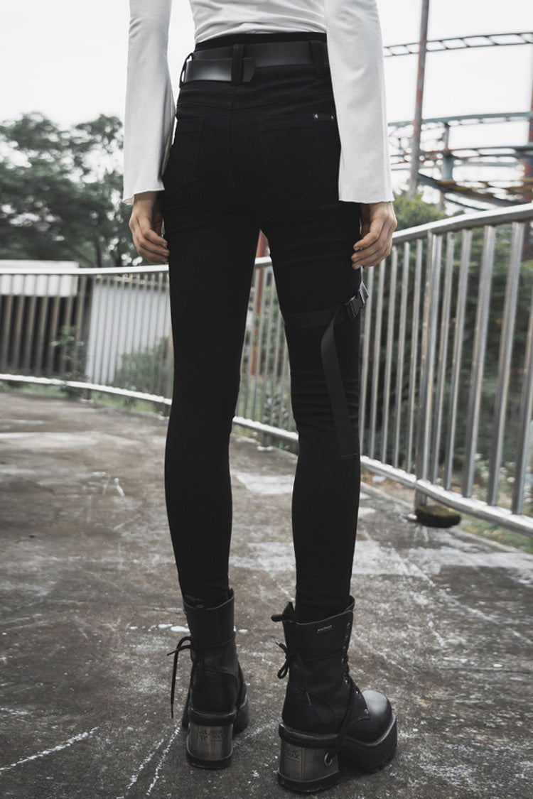 Black Detachable Loop Denim Skinny Women's Steam Punk Jeans - Product - 3