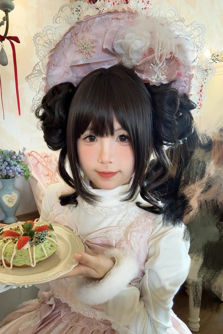 Graceful Black Tea Brown Floral Bun Short Hair with Air Fringe Sweet Lolita Wig - Product - 2