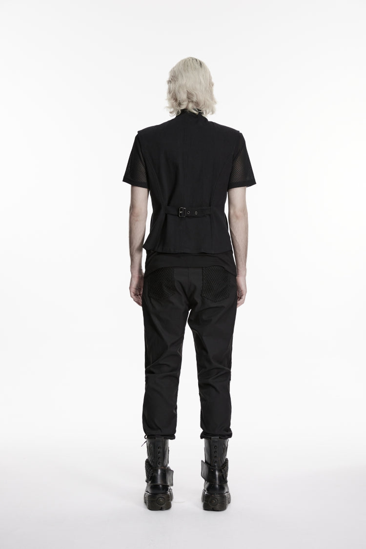 Black Cut-Out Lace-Up Slim Mesh Buckled Eyelet Men's Punk Handsome Vest - Product - 9