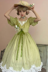 Green Elegant Vintage Square Collar Short Sleeves Multi-Layer Ruffled Classic Lolita OP Dress - Product - 5