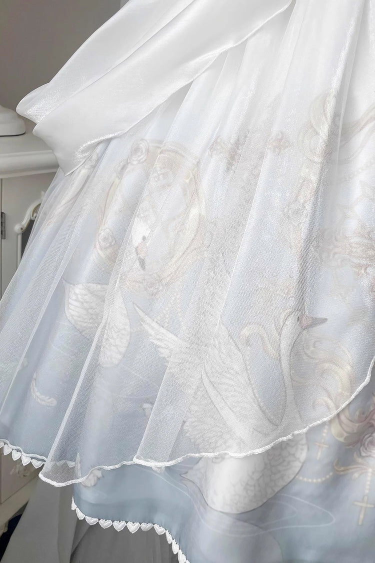 White/Blue [Flower and Letter] Swan Lake Print Ruffle Bowknot Elegant Lolita Jsk Dress - Product - 10
