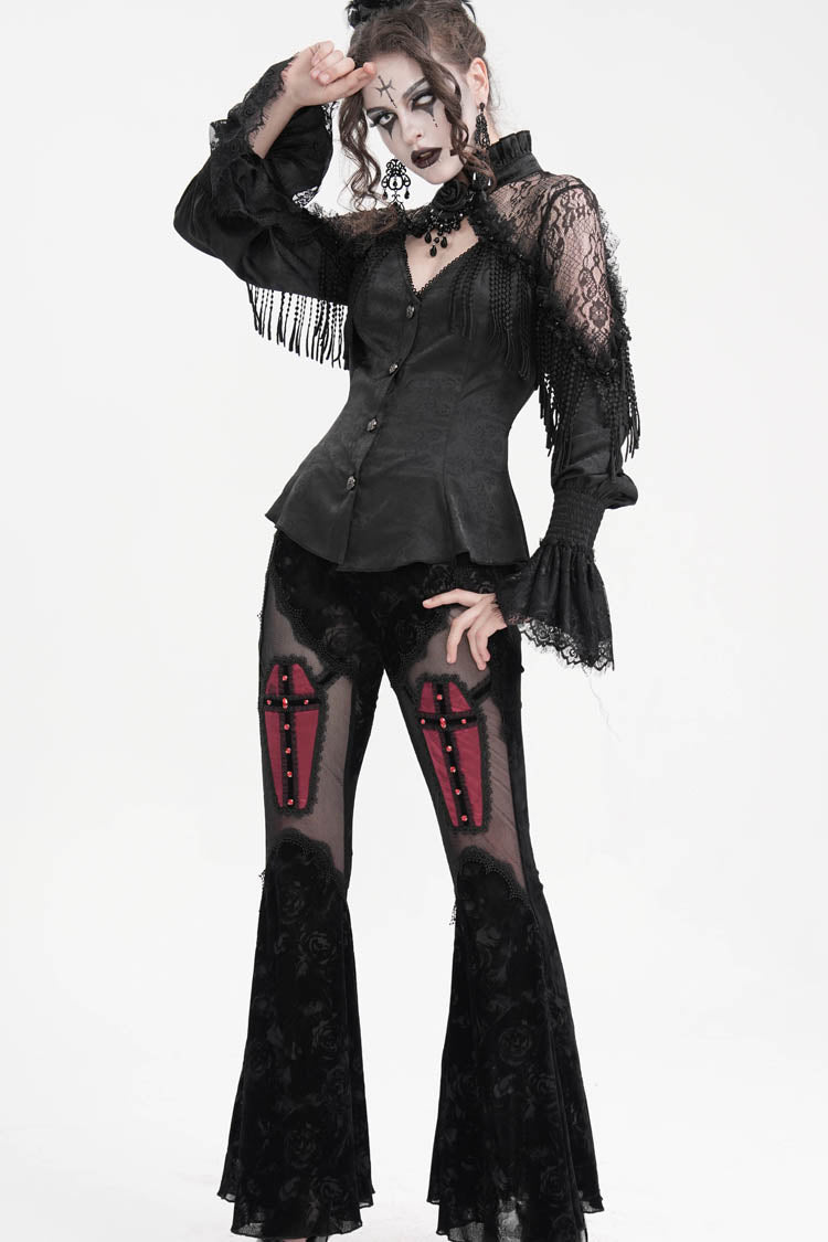 Black Long Sleeves Hollow Ripped Women's Gothic Blouse - Product - 9