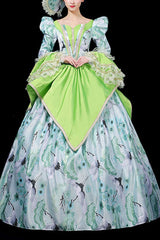 Green Multi-Layer Hime Sleeves High Waisted Stitching Chinese Red Crowned Crane Print Victorian Lolita Prom Dress - Green - 1