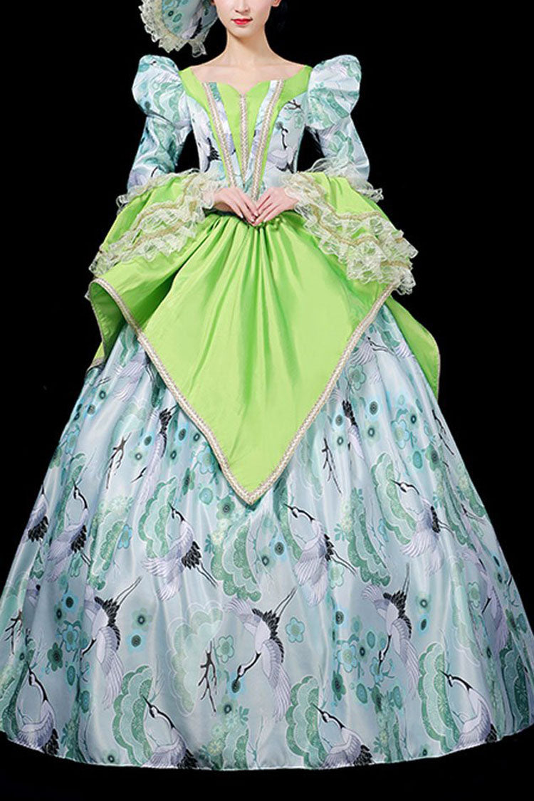 Green Multi-Layer Hime Sleeves High Waisted Stitching Chinese Red Crowned Crane Print Victorian Lolita Prom Dress - Green - 1