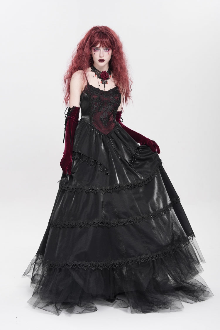 Black Sleeveless Multi-Layered Embroidery Pearl Women's Gothic Slip Dress - Product - 8