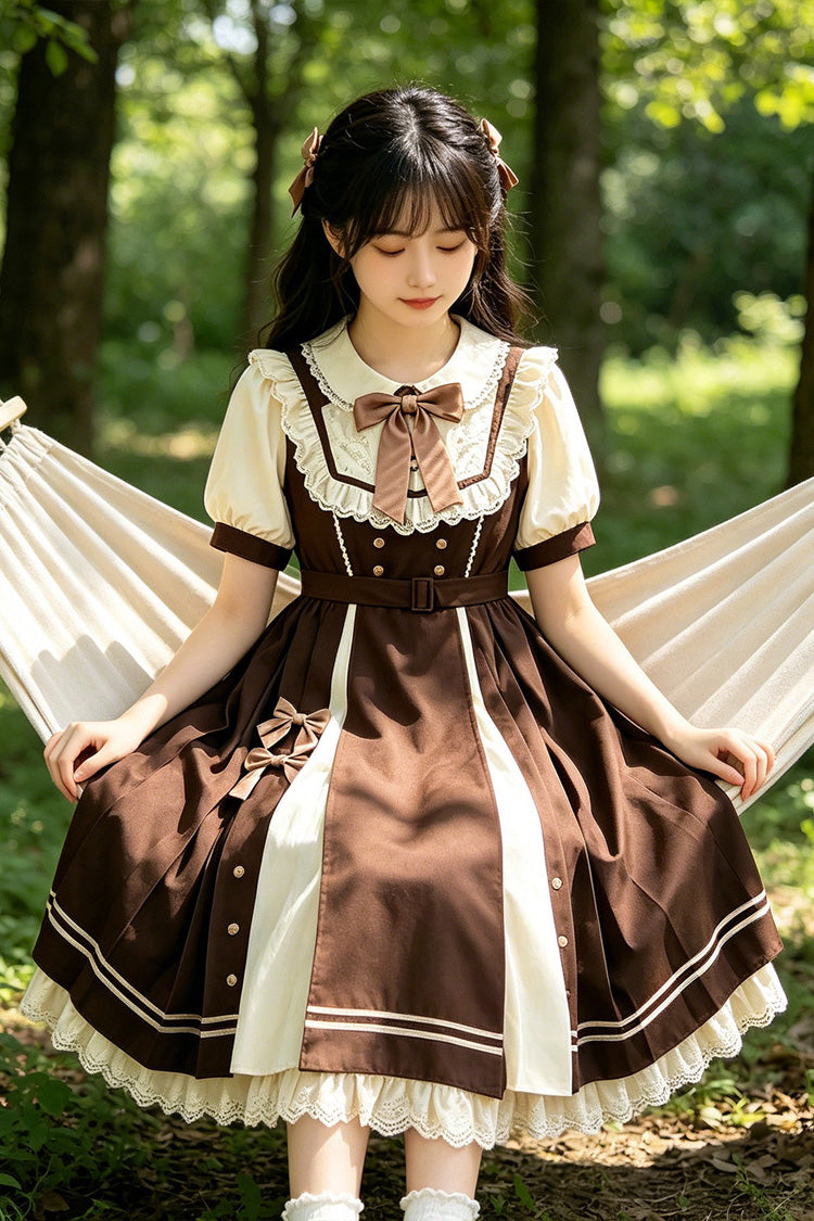 Brown Lapel Collar Short Sleeves Ruffled Open-Front Bow Sweet Plus Size Lolita Dress - Product - 3