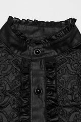 Black Stand Collar Long Sleeves Ruffle Embroidery Men's Gothic Blouse - Product - 6