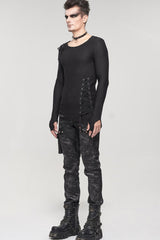 Black Punk Do Old Print Detachable Multi-Pocket Splicing Metal Rivet Decoration Men's Long Pants - Product - 5