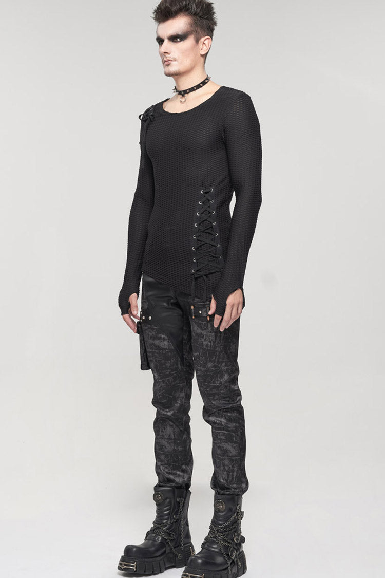 Black Punk Do Old Print Detachable Multi-Pocket Splicing Metal Rivet Decoration Men's Long Pants - Product - 5
