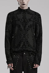 Black High Collar Long Sleeves Flocking Print Mens Gothic T-Shirt - Black - 1