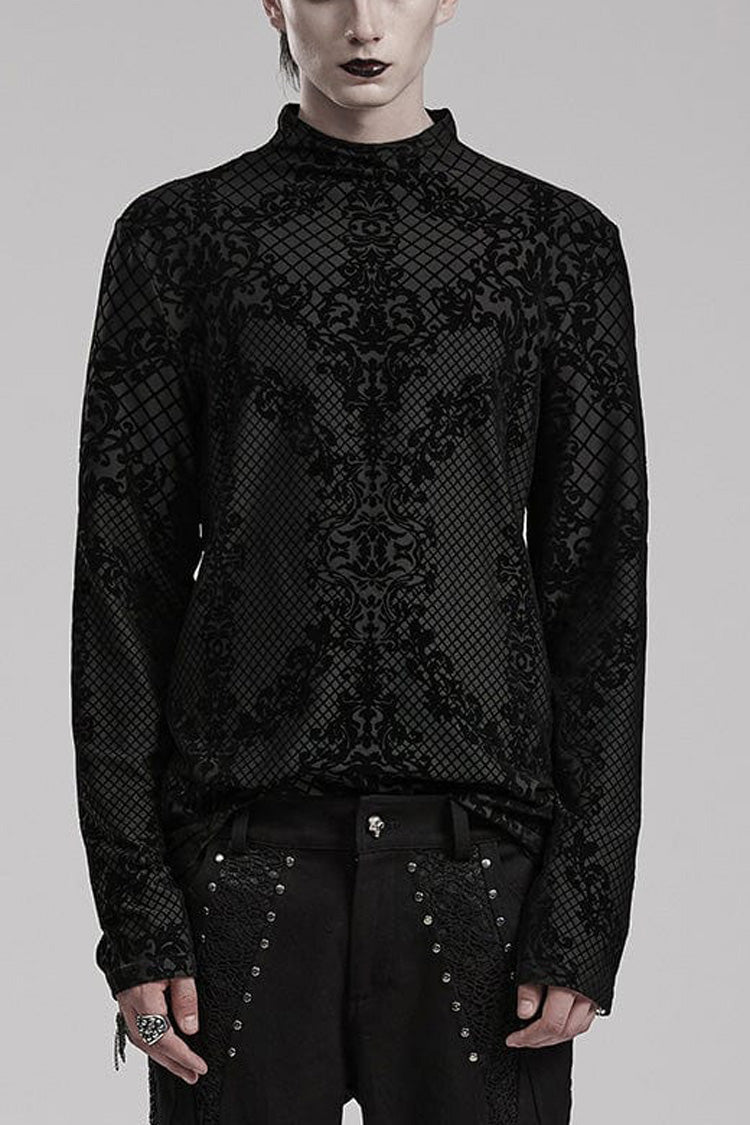 Black High Collar Long Sleeves Flocking Print Mens Gothic T-Shirt - Black - 1