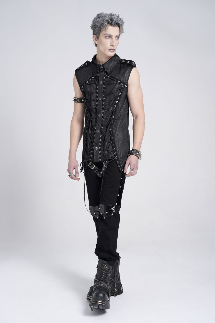 Black Sleeveless Studded Lace-Up Men's Gothic Blouse - Product - 12