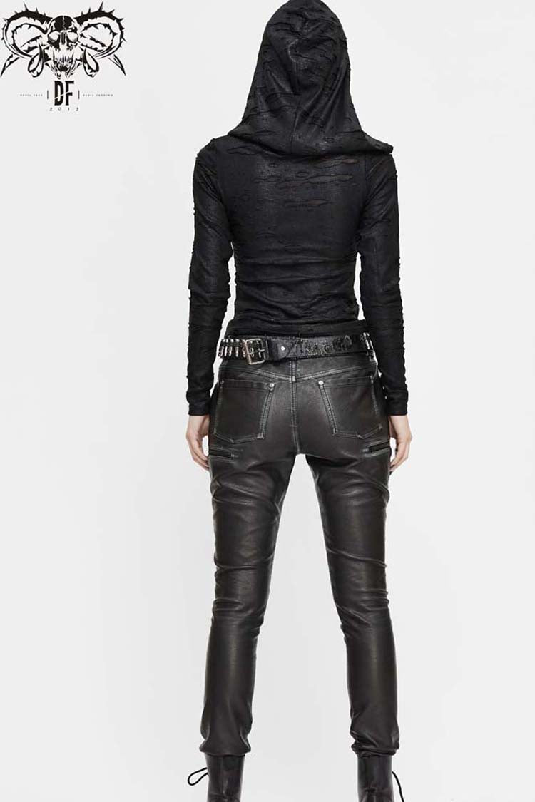 Black Hooded Snakeskin Ripped Pattern Triangle Metal Nail Asymmetrical Women's Punk Shirt - Product - 10