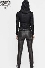 Black Hooded Snakeskin Ripped Pattern Triangle Metal Nail Asymmetrical Women's Punk Shirt - Product - 10