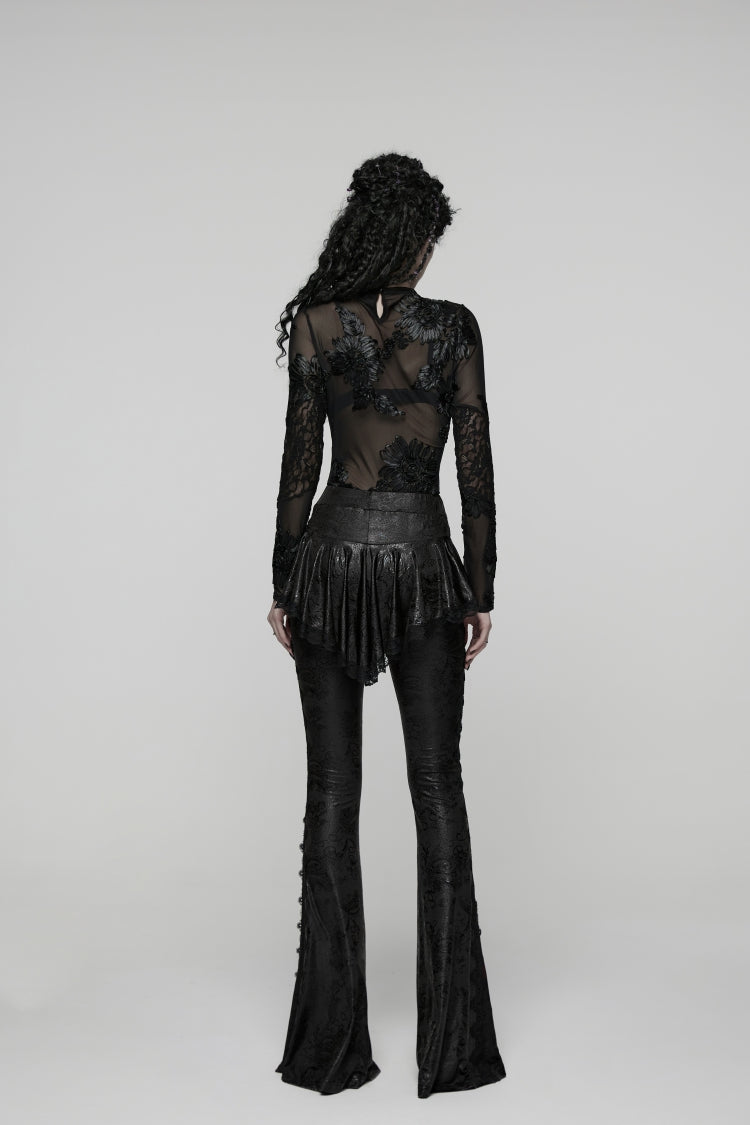 Black Printed Lace Slim Faux Two-Piece Women's Gothic Flared Pants - Product - 5