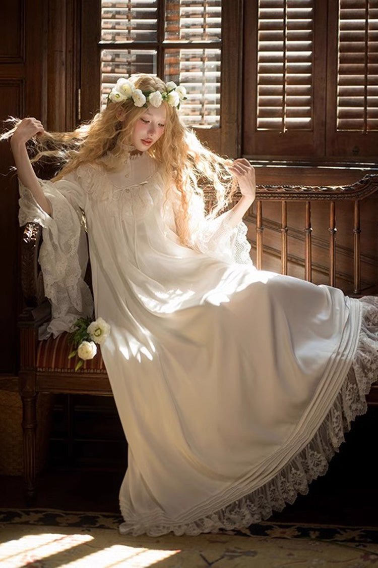 White Long Trumpet Sleeves Ruffle Lace Sweet Elegant Princess Lolita Dress - Product - 2
