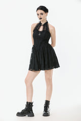 Black Off Shoulder Halterneck Sleeveless Lace Women's Gothic Short Dress - Product - 7