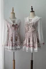 White/Pink [Strawberry Bunny] Navy Collar Long Sleeves Printed Ruffled Bow Lace Sweet Japanese Jirai Kei OP Dress - Product - 4