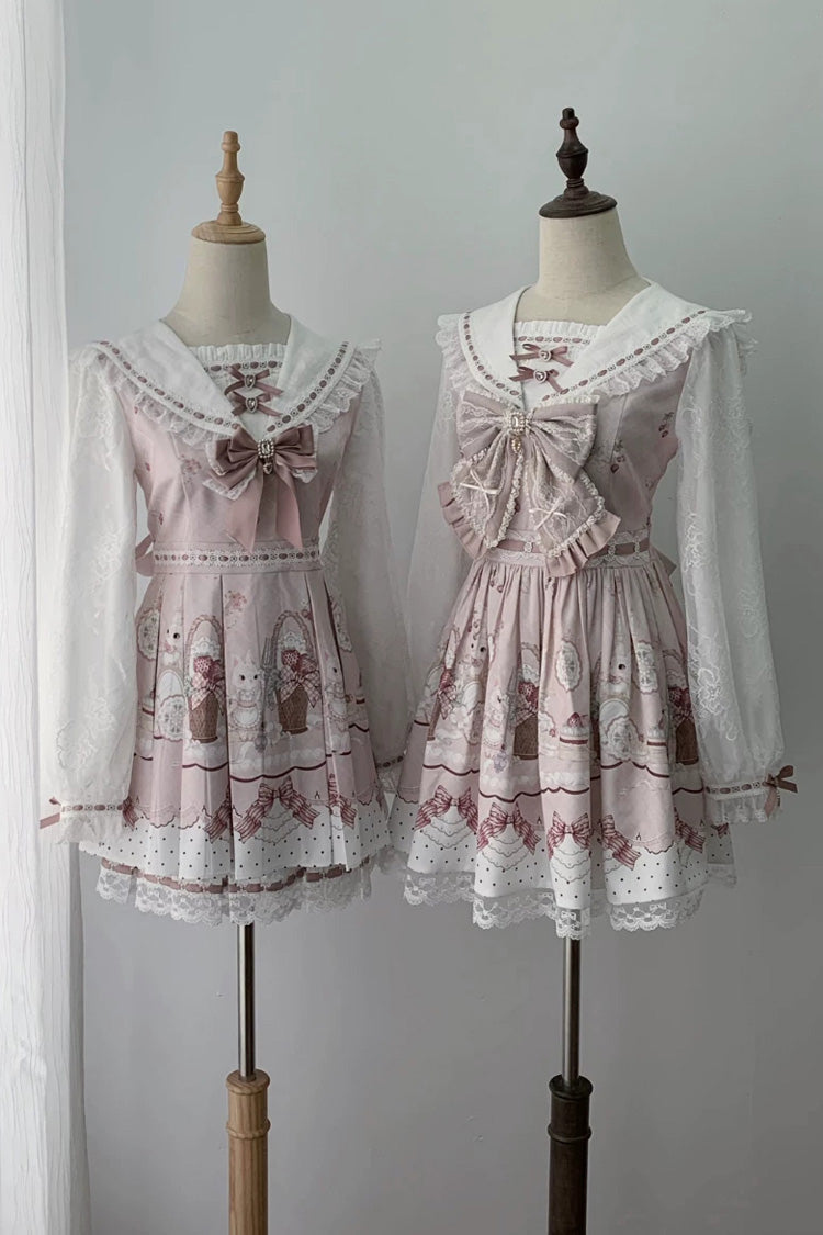 White/Pink [Strawberry Bunny] Navy Collar Long Sleeves Double-Layered Printed Ruffled Bow Lace Sweet Japanese Jirai Kei Dress - Product - 4