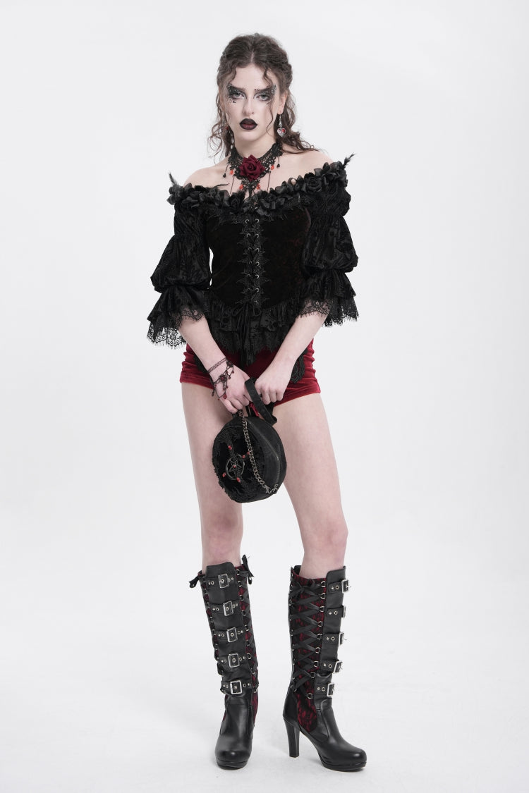 Red Off Shoulder Long Sleeves Ruffle Embroidery Lace-Up Women's Gothic Blouse - Product - 11