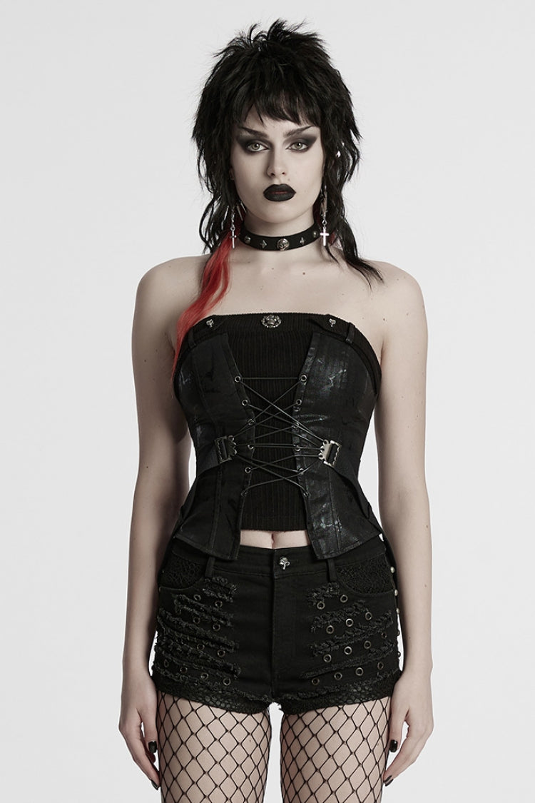 Black Lace-Up Buckle Overbust Women's Punk Corset - Black - 1